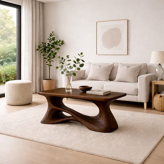 Solid Wood Sculptural Coffee Table with Organic Curved Base – Modern Rustic Coffee Table Kitchnce