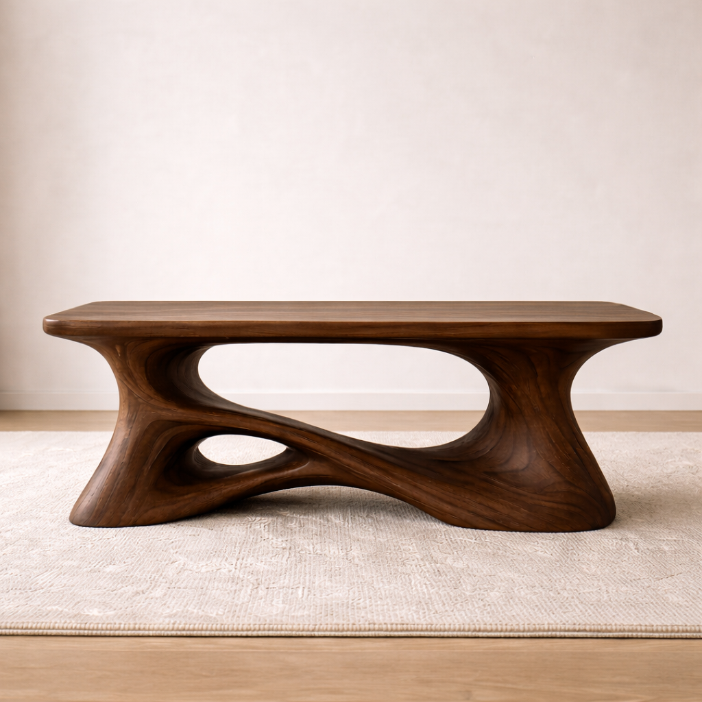 Solid Wood Sculptural Coffee Table with Organic Curved Base – Modern Rustic Coffee Table Kitchnce