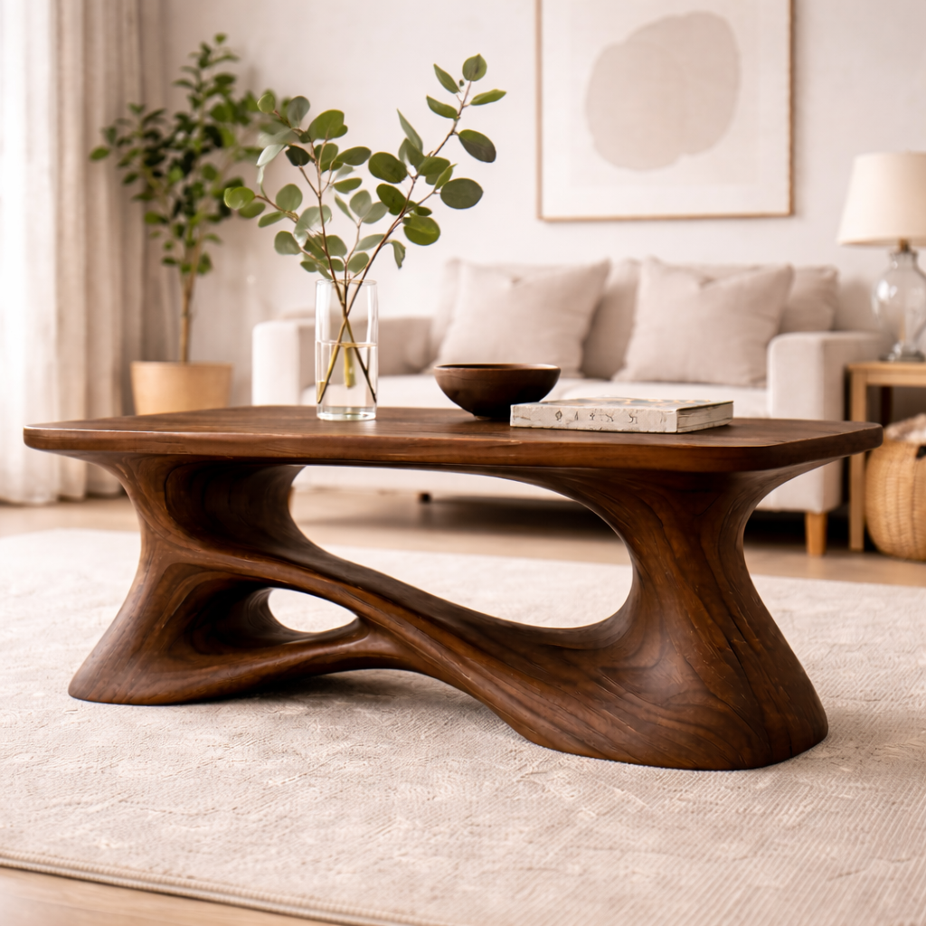 Solid Wood Sculptural Coffee Table with Organic Curved Base – Modern Rustic Coffee Table Kitchnce