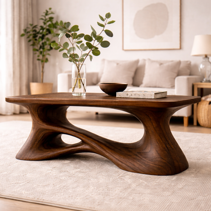 Solid Wood Sculptural Coffee Table with Organic Curved Base – Modern Rustic Coffee Table Kitchnce
