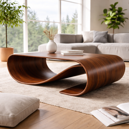 Solid Wood Sculptural Coffee Table with Curved Loop Base – Modern Organic Coffee Table