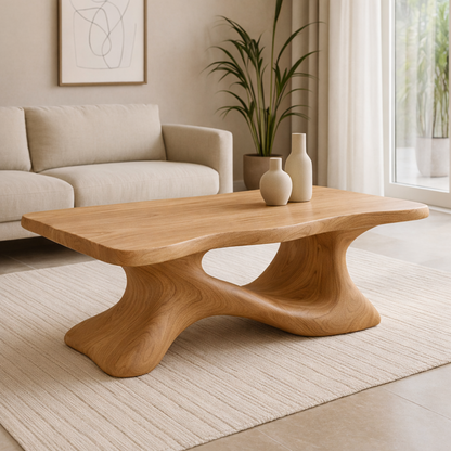 Solid Wood Sculptural Coffee Table with Organic Curved Base – Modern Living Room Table Kitchnce