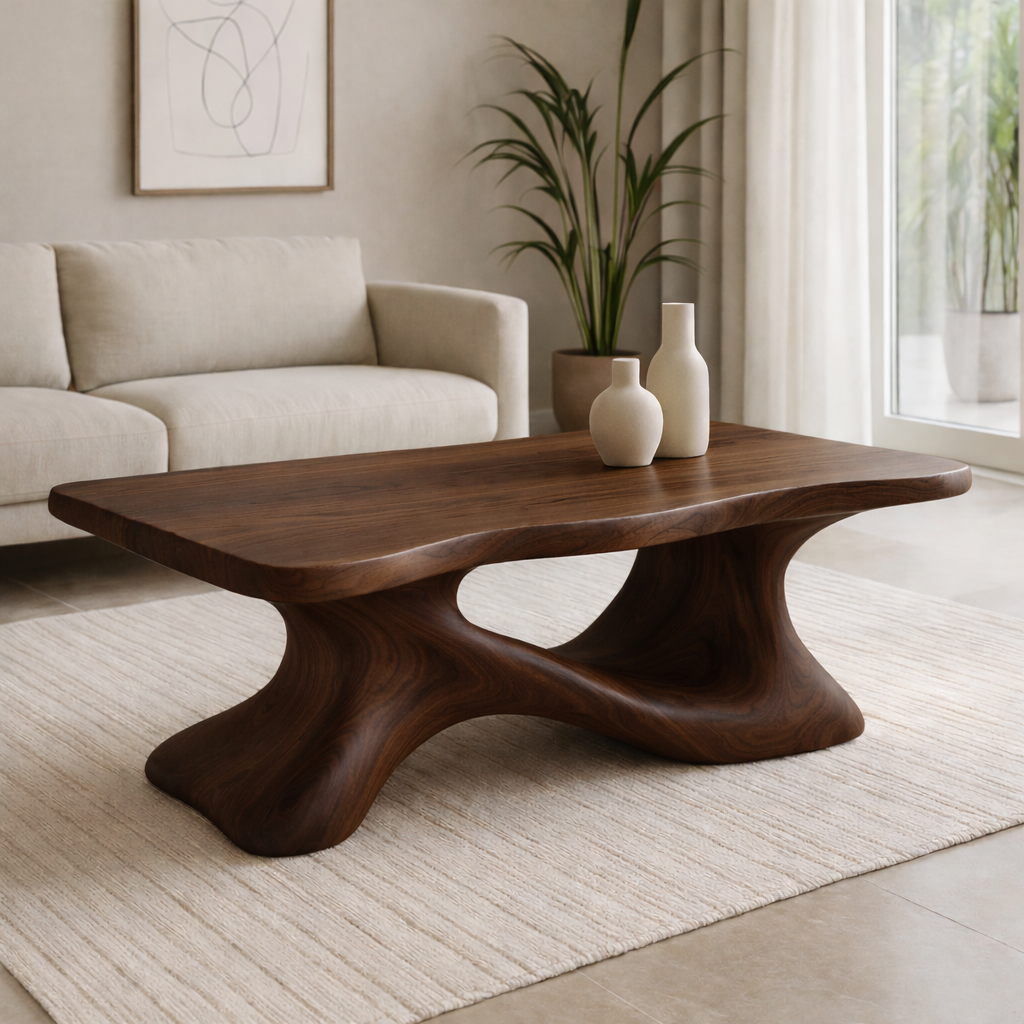 Solid Wood Sculptural Coffee Table with Organic Curved Base – Modern Living Room Table Kitchnce