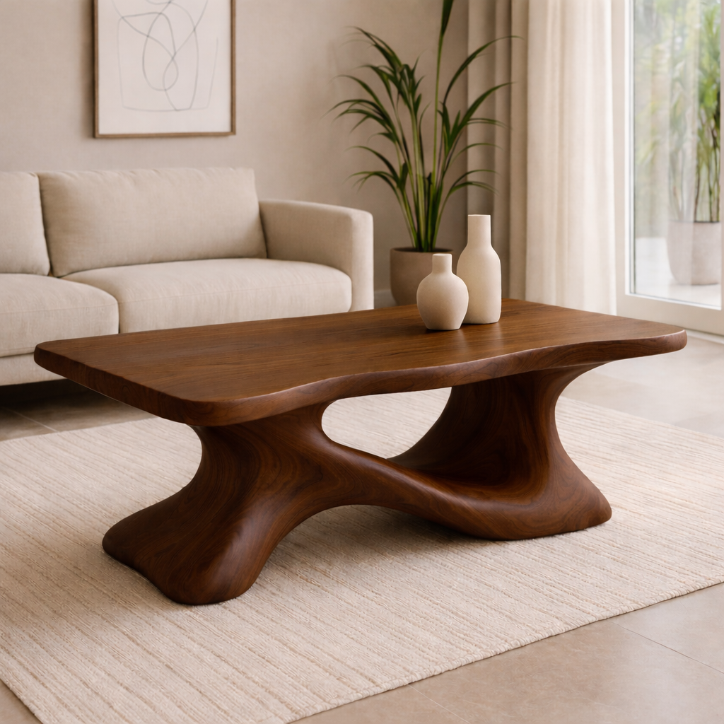 Solid Wood Sculptural Coffee Table with Organic Curved Base – Modern Living Room Table Kitchnce