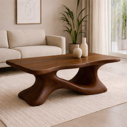 Solid Wood Sculptural Coffee Table with Organic Curved Base – Modern Living Room Table Kitchnce