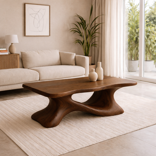 Solid Wood Sculptural Coffee Table with Organic Curved Base – Modern Living Room Table Kitchnce
