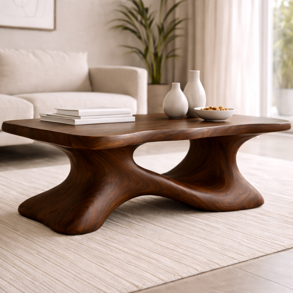 Solid Wood Sculptural Coffee Table with Organic Curved Base – Modern Living Room Table Kitchnce