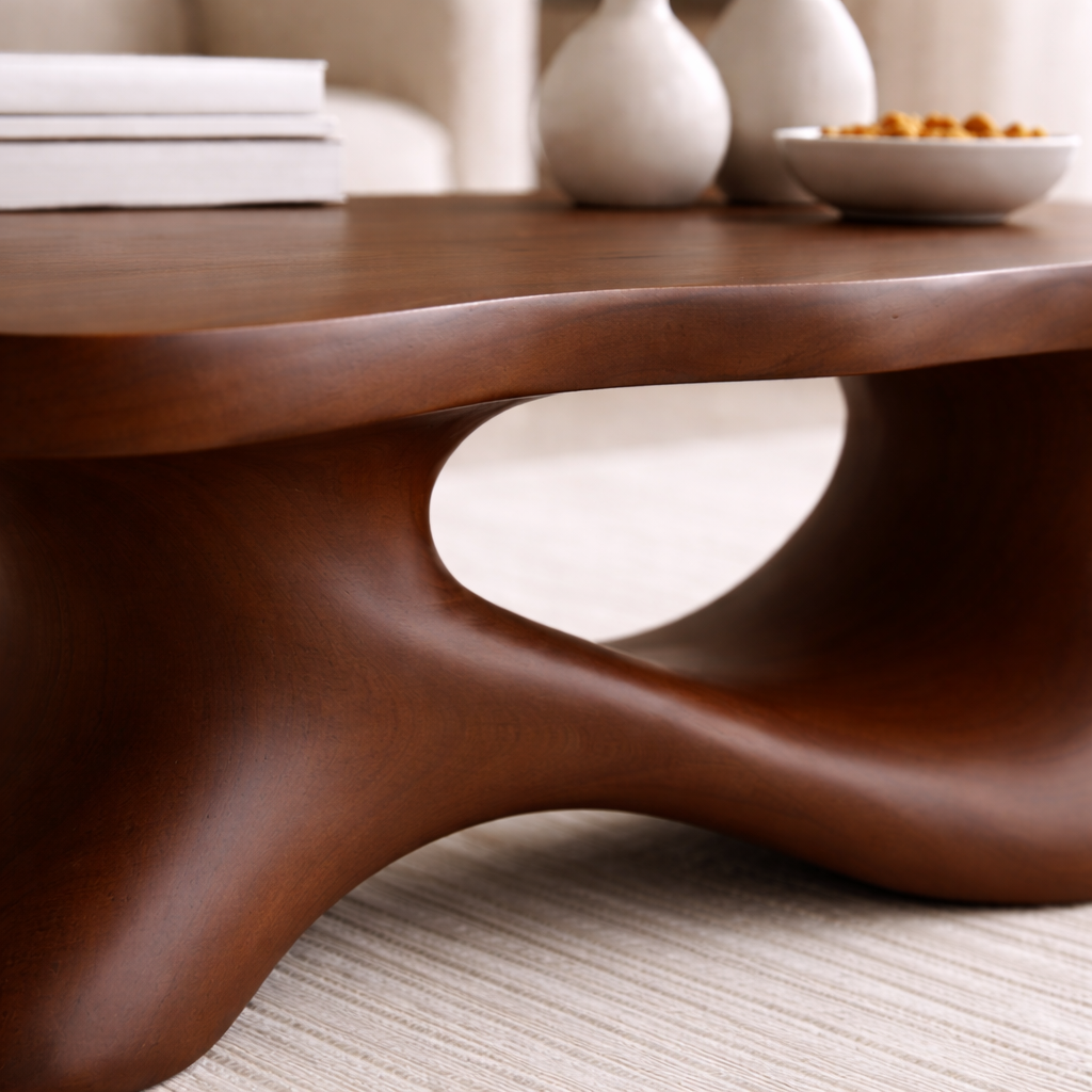 Solid Wood Sculptural Coffee Table with Organic Curved Base – Modern Living Room Table Kitchnce