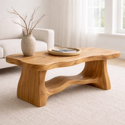 Solid Wood Coffee Table with Organic Curved Base – Rustic Modern Living Room Table