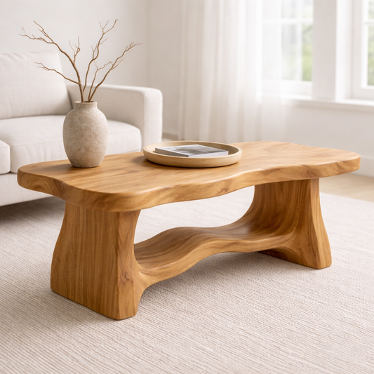 Solid Wood Coffee Table with Organic Curved Base – Rustic Modern Living Room Table