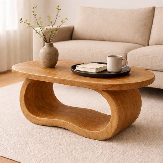 Curved Solid Wood Coffee Table – Sculptural Modern Living Room Center Table