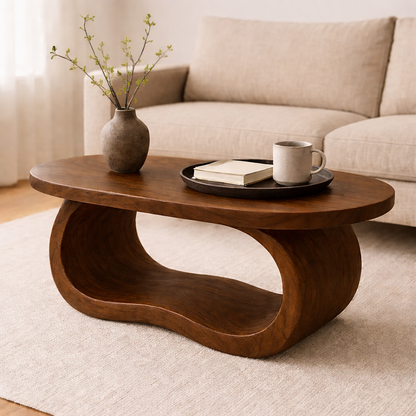 Curved Solid Wood Coffee Table – Sculptural Modern Living Room Center Table