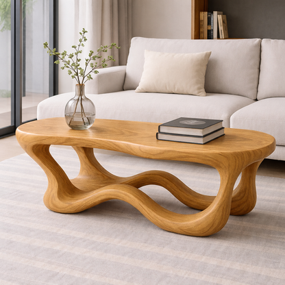 Solid Wood Sculptural Coffee Table with Organic Wave Base – Modern Living Room Table