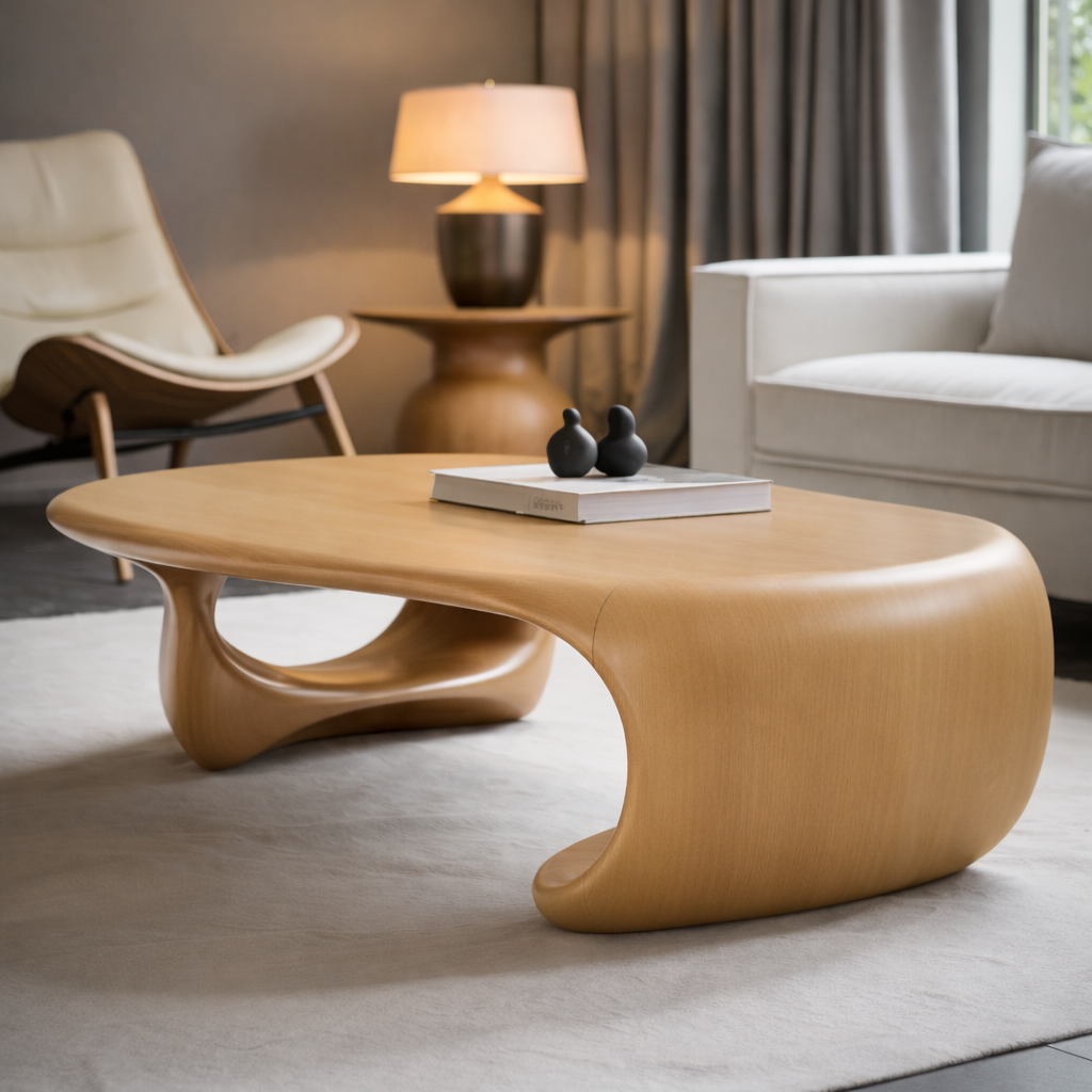 Solid Wood Sculptural Coffee Table with Organic Curved Base – Modern Living Room Table Kitchnce
