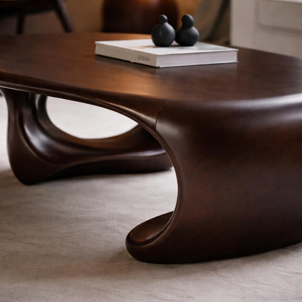Solid Wood Sculptural Coffee Table with Organic Curved Base – Modern Living Room Table Kitchnce