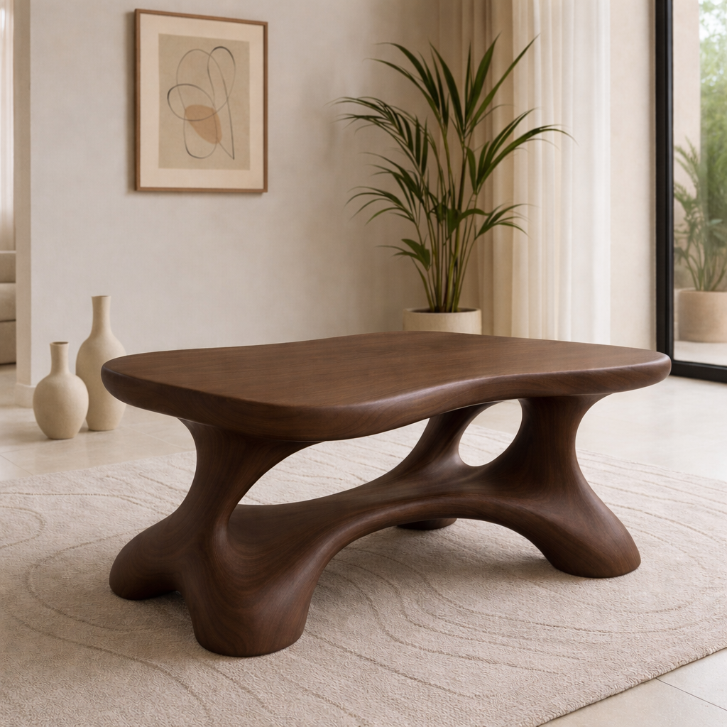 Solid Wood Sculptural Coffee Table with Organic Curved Base Kitchnce
