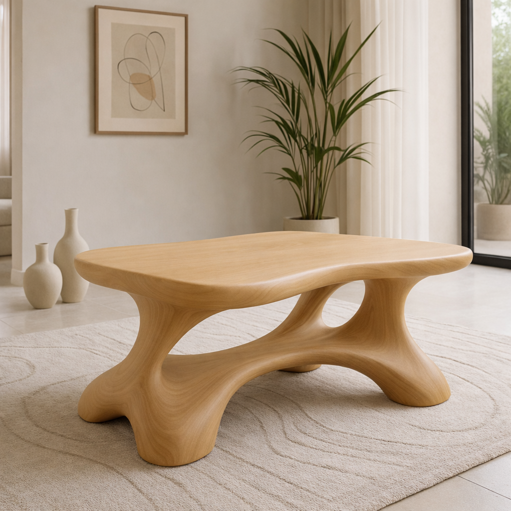 Solid Wood Sculptural Coffee Table with Organic Curved Base Kitchnce