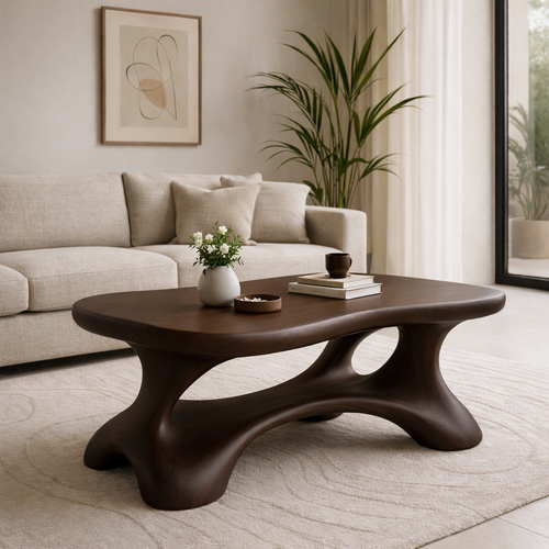 Solid Wood Sculptural Coffee Table with Organic Curved Base Kitchnce