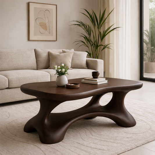 Solid Wood Sculptural Coffee Table with Organic Curved Base Kitchnce