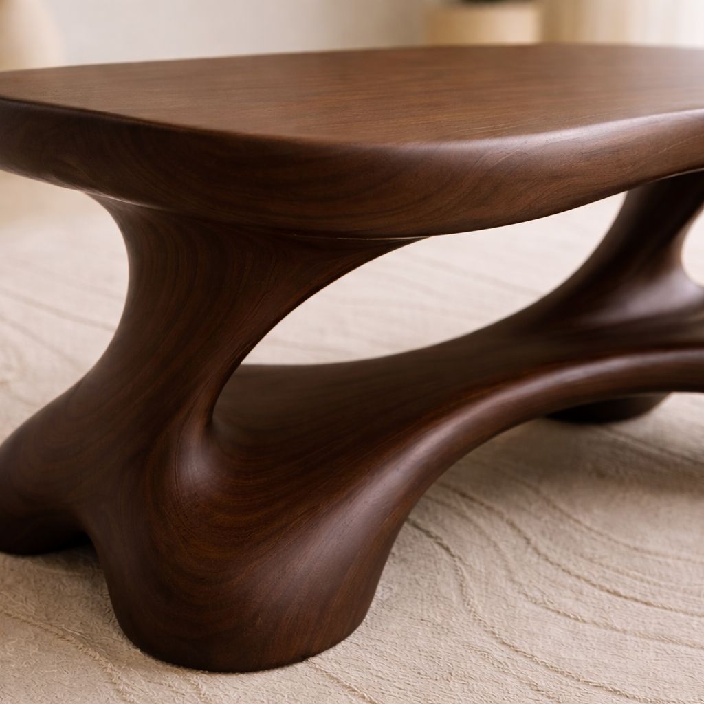 Solid Wood Sculptural Coffee Table with Organic Curved Base Kitchnce