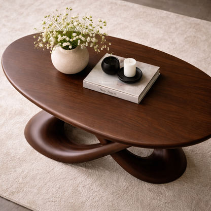Solid Wood Sculptural Coffee Table with Curved Base