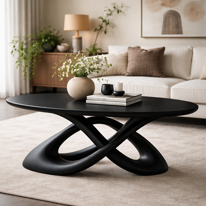 Solid Wood Sculptural Coffee Table with Curved Base