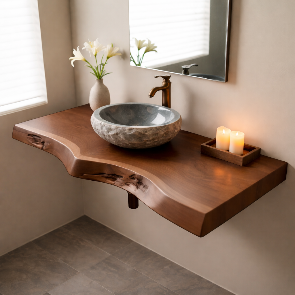 Floating Live Edge Solid Wood Bathroom Vanity Shelf
