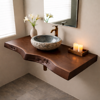 Floating Live Edge Solid Wood Bathroom Vanity Shelf