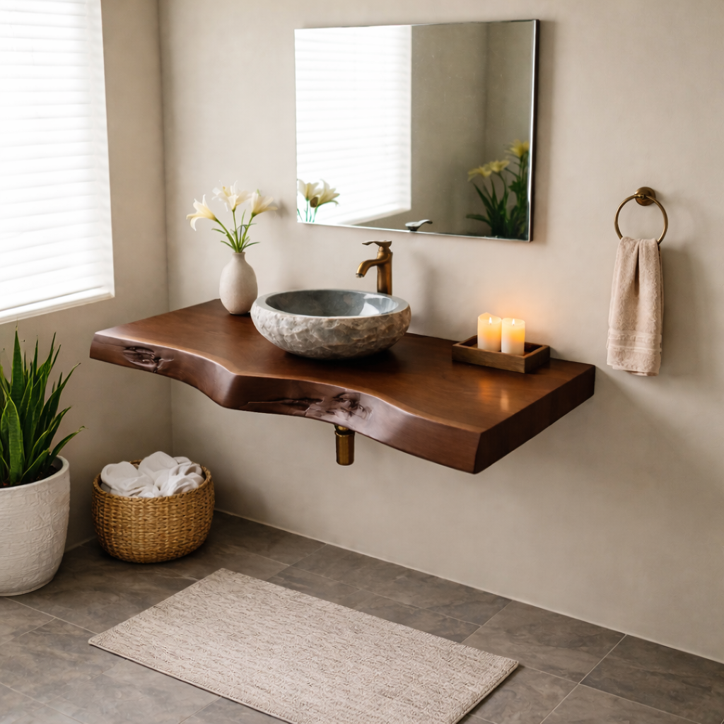 Floating Live Edge Solid Wood Bathroom Vanity Shelf