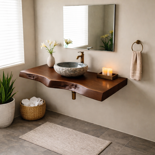 Floating Live Edge Solid Wood Bathroom Vanity Shelf