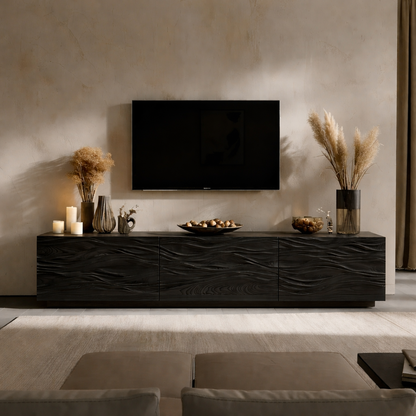 Solid Wood TV Stand Modern Oak Media Console with Wave Carved Doors and Storage
