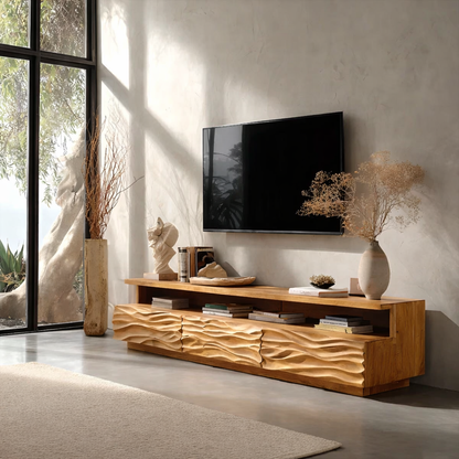 Solid Wood TV Stand Modern Oak Media Console with Carved Wave Doors and Storage