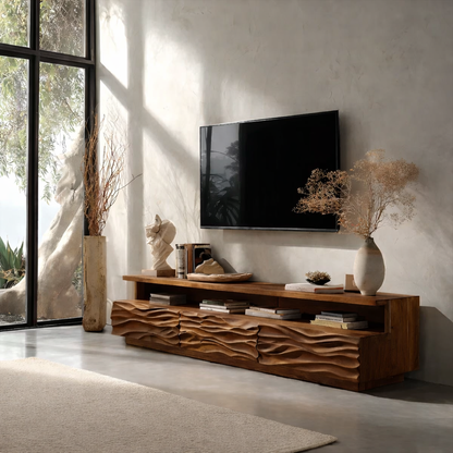 Solid Wood TV Stand Modern Oak Media Console with Carved Wave Doors and Storage