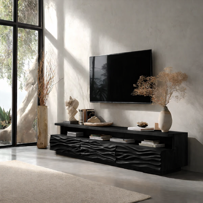 Solid Wood TV Stand Modern Oak Media Console with Carved Wave Doors and Storage