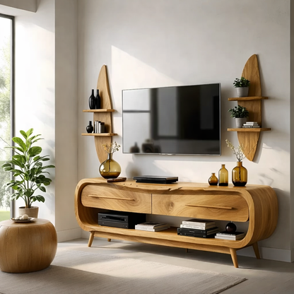 Solid Wood TV Stand Modern Walnut Media Console with Curved Design and Storage