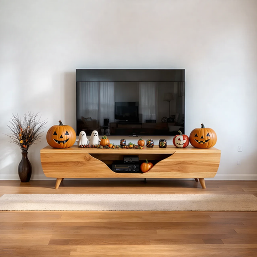 Solid Wood TV Stand Modern Walnut Media Console with Curved Front and Storage