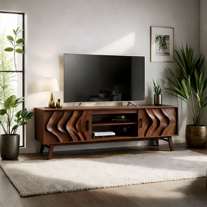 Solid Wood TV Stand Modern Walnut Media Console with Wave Doors and Storage