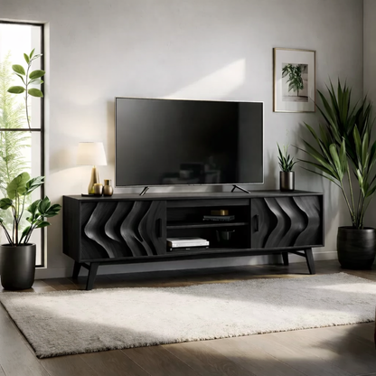 Solid Wood TV Stand Modern Walnut Media Console with Wave Doors and Storage