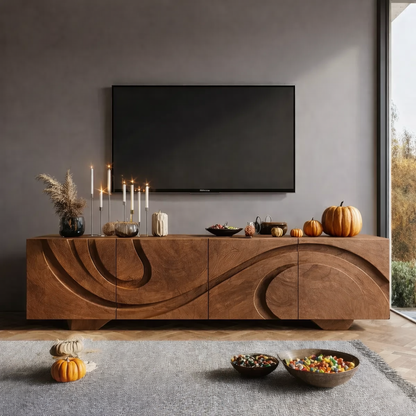 Solid Wood TV Stand Modern Walnut Media Console with Sculpted Doors and Storage