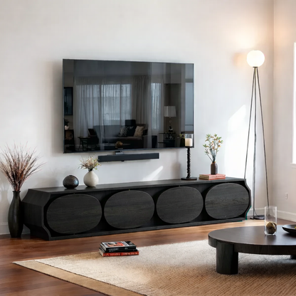 Solid Wood TV Stand Modern Walnut Media Console with Round Panel Doors and Storage