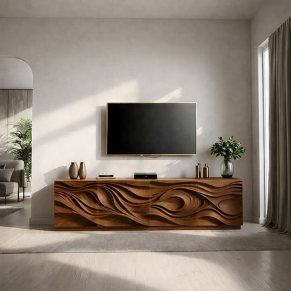 Solid Wood TV Stand Modern Walnut Media Console with Sculpted Wave Doors and Storage