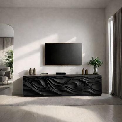 Solid Wood TV Stand Modern Walnut Media Console with Sculpted Wave Doors and Storage