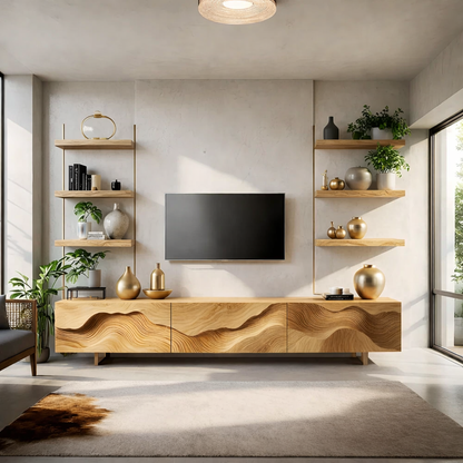 Solid Wood TV Stand Modern Walnut Media Console with Sculpted Wave Doors