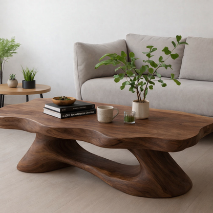 Solid Wood Coffee Table Modern Live Edge Natural Wood with Sculptural Base