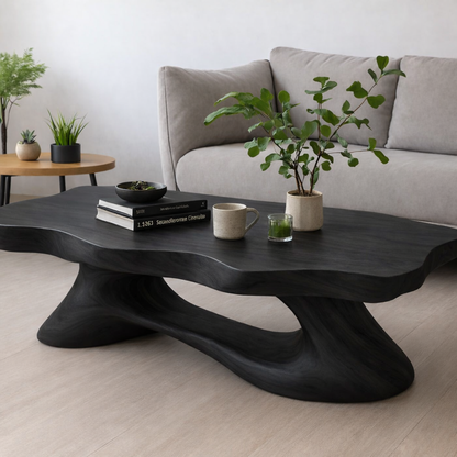 Solid Wood Coffee Table Modern Live Edge Natural Wood with Sculptural Base