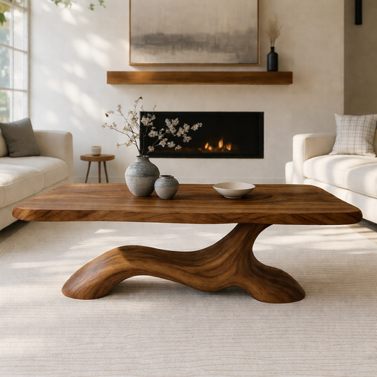 Solid Wood Coffee Table Modern Sculptural Base Natural Wood Design