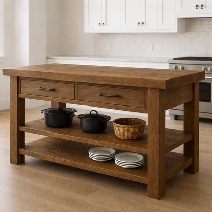 Live Edge Solid Wood Kitchen Island - Rustic Farmhouse Butcher Block Prep Table with Storage
