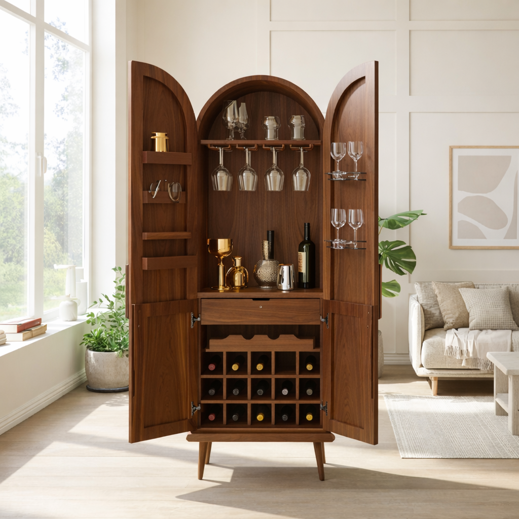 Handcrafted Solid Wood Arched Wine Cabinet Mid Century Bar Storage with Glass Rack