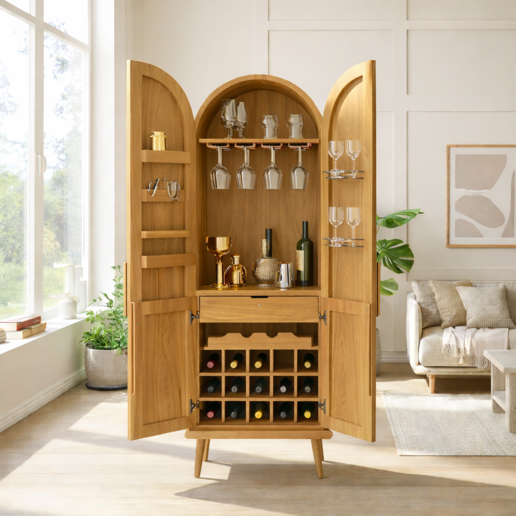 Handcrafted Solid Wood Arched Wine Cabinet Mid Century Bar Storage with Glass Rack