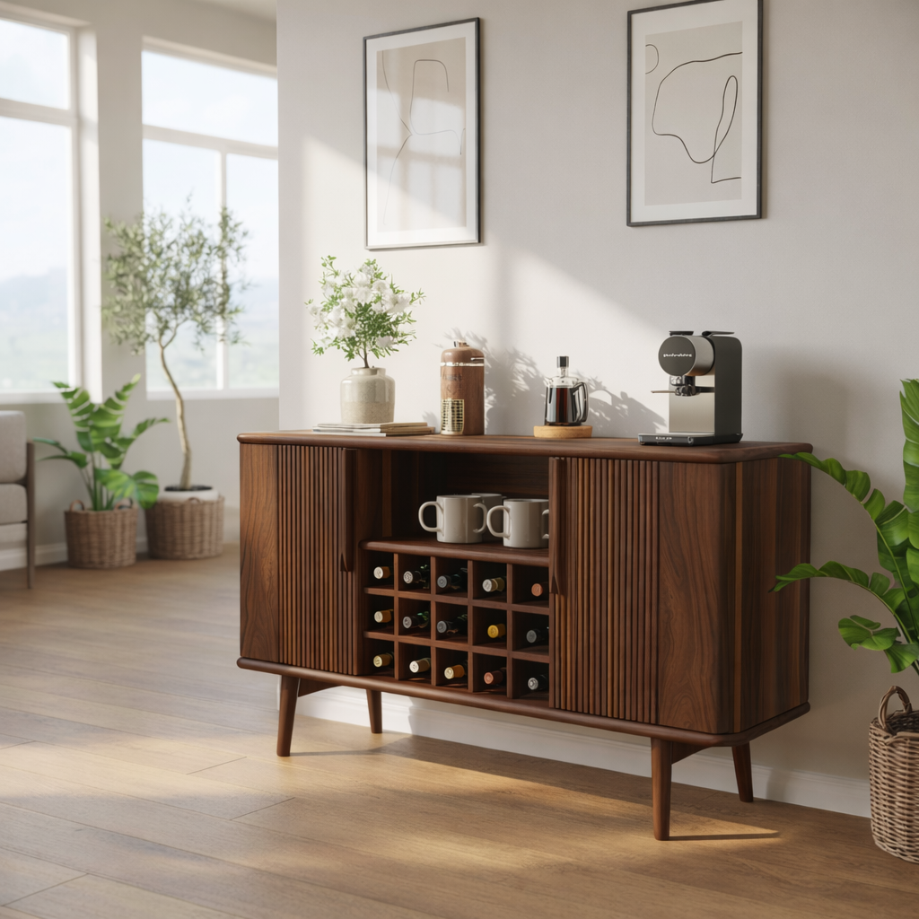 Solid Wood Wine Storage Cabinet with Slatted Doors and Multi-Bottle Rack for Modern Homes